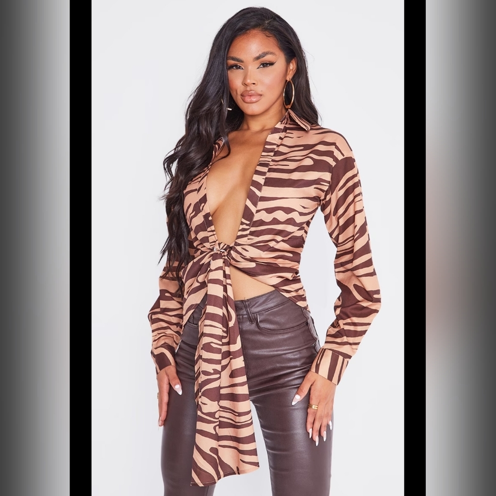 Pretty Little Things Brown Zebra Print Woven Tie Front Plunge Long Sleeve Shirt